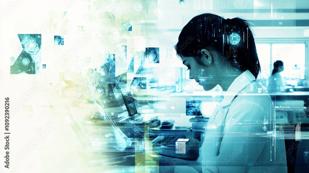 Poster a scientist working with data and technology in a modern lab environment.