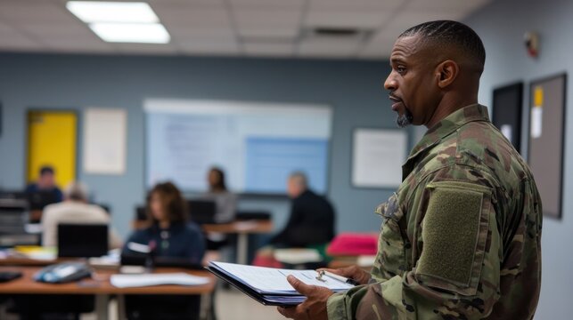 A veteran job training center with veterans learning practical skills in a hands-on environment, preparing for the transition to civilian employment