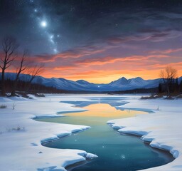 Fototapeta premium Illustration of winter landscape with frozen lake and starry sky.