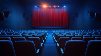 Fototapeta premium A dimly lit cinema with empty seats facing a red curtain, ready for a movie presentation.