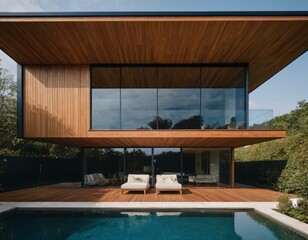 Fototapeta premium Modern minimalist house with clean lines and natural wood elements. Ai generated image