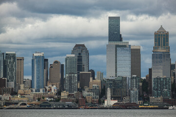 Breathtaking panoramic view onto Seattle skyline downtown highrise scenery with harbor port...