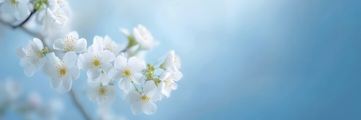 Close-up of white flowering branch with green leaves on soft blue background.