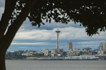 Breathtaking panoramic view onto Seattle skyline downtown highrise scenery with harbor port...