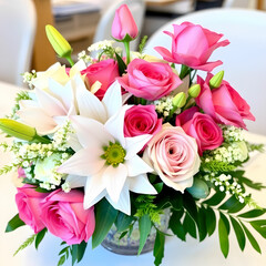 Fototapeta premium Flower centerpiece bouquets with pink and white eutomers