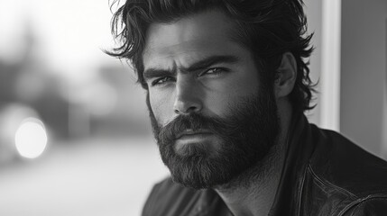 Rugged beard hairstyle for men showcasing dramatic features and facial care in a striking black and white portrait.