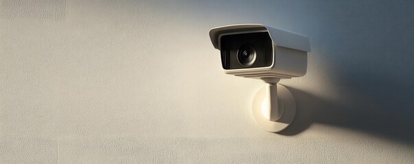 Wireless security camera on a wall, minimal and compact, concept of safety and advanced home monitoring