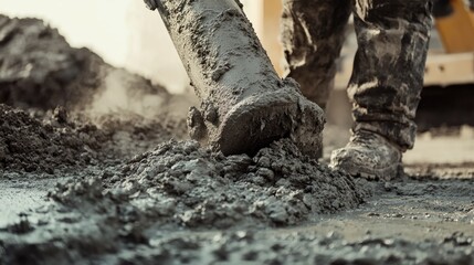 Industrial worker operating an automatic tube pump to apply mortar, showcasing concrete layering at a construction site with muddy footwear.