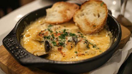 Savory mussels baked in a creamy white wine sauce, served in a cast-iron dish with toasted bread and garnished with fresh herbs.