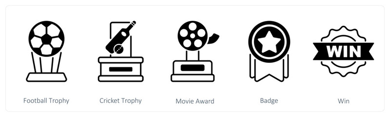 A set of 5 Award icons as football trophy, cricket trophy, movie award