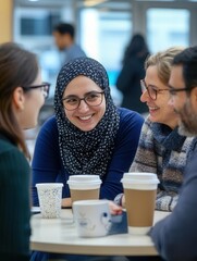 Obraz premium Group of diverse teachers collaborating over coffee in the staff room, friendly and open interaction, symbolizing support and team effort