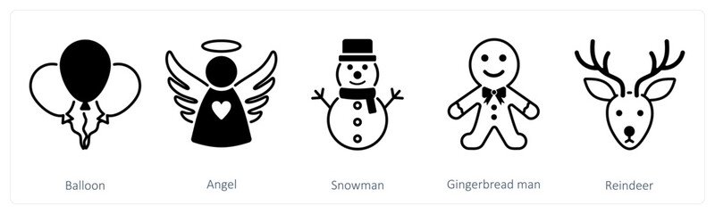 A set of 5 Christmas icons as balloon, angel, snowman