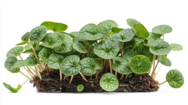 Peperomia houseplant showing signs of etiolation with elongated stems and small, vibrant green leaves on a bed of rich soil against a plain backdrop.