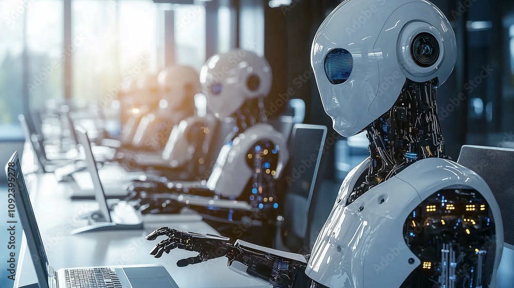 Poster robots at desks symbolize automated customer support in digital transformation.