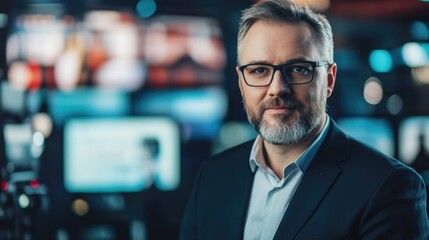 Fototapeta premium Middle-aged male news presenter in a studio setting, confidently delivering current events with multiple screens in the background.