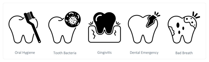 A set of 5 Dental Care icons as oral hygiene, tooth bacteria, gingivitis