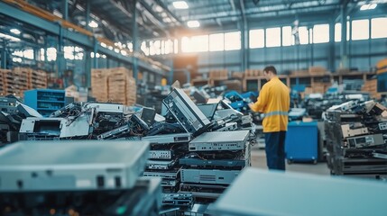 A worker sorts electronics at a disposal center, surrounded by discarded devices.