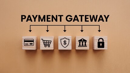 of a financial payment gateway concept with various cubical icons representing credit card banking ecommerce and online transaction security on a clean minimalistic background