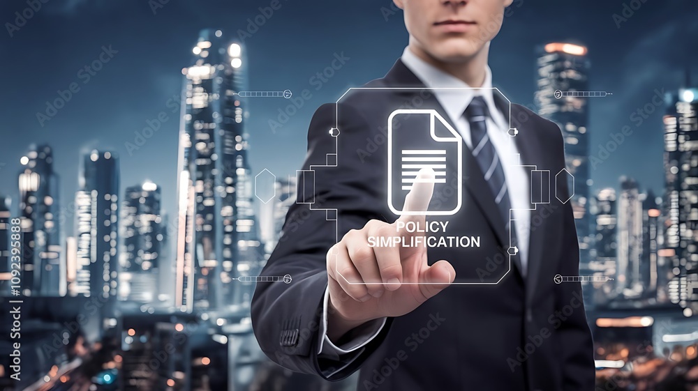 Poster digital transformation: a businessman stands in front of a futuristic cityscape, poised to digitally