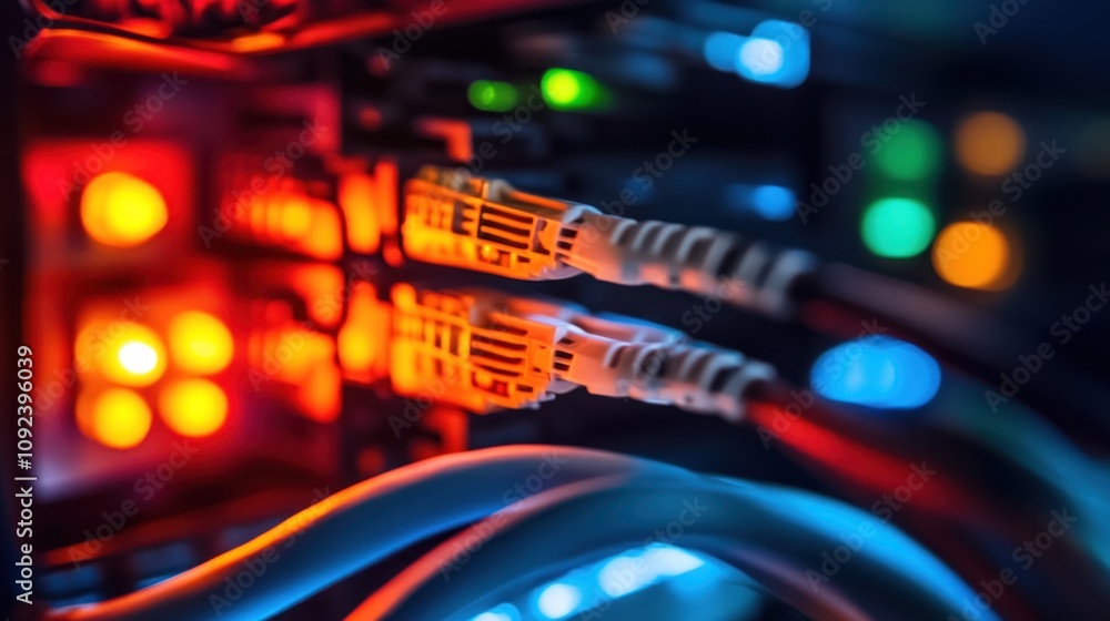 Poster network cables connected to server rack lights glow