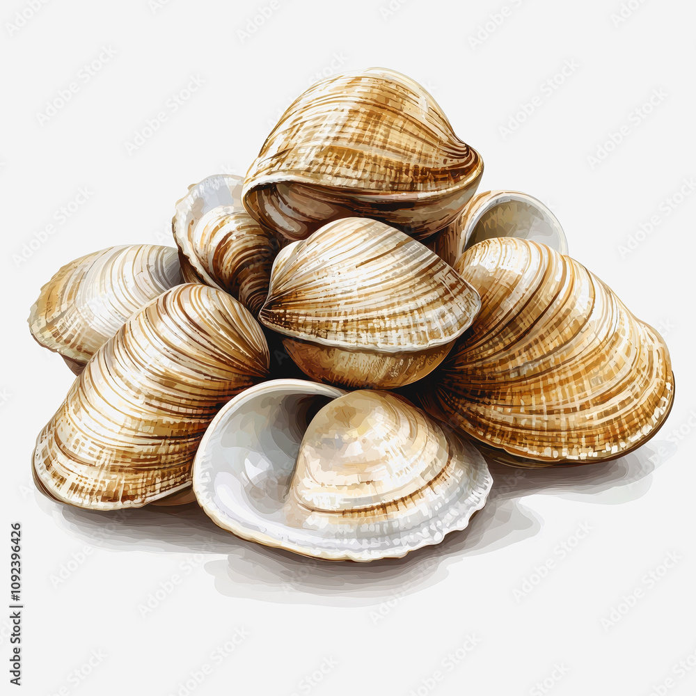 Poster a pile of realistic sea shells displaying striking patterns and textures, perfect for coastal decor,