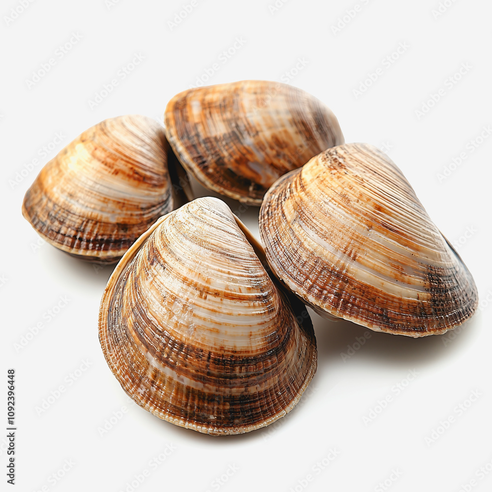 Poster four natural seashells displayed on a light background, showcasing unique patterns and textures, per