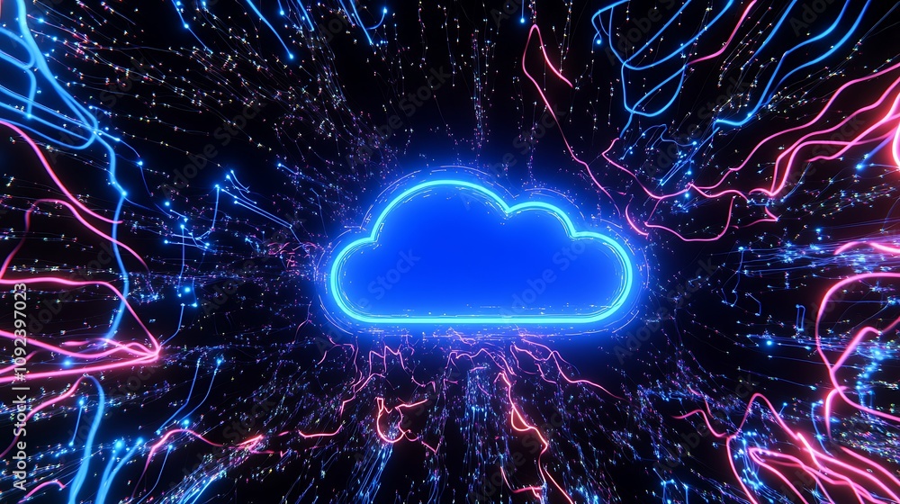 Poster a futuristic cloud symbol surrounded by digital connections and data streams