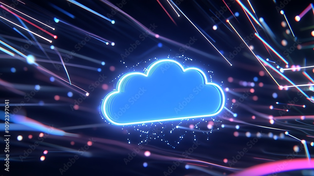 Poster a futuristic cloud symbol surrounded by digital connections and data streams