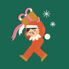 Child elf carrying Christmas present. Santas helper in red hat with snowflakes on green background. Character in costume vintage vector illustration style.