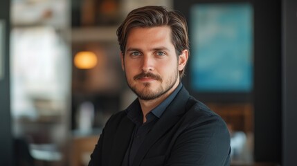 Obraz premium Portrait of a male professional with well-groomed hair and a confident expression, standing in a vibrant agency setting, ready to craft compelling press releases.