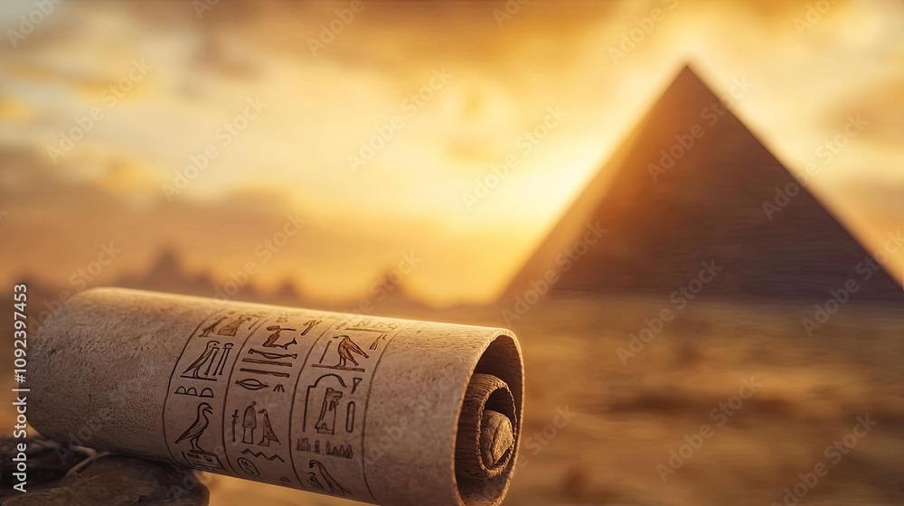 Poster ancient scroll with hieroglyphs in front of a pyramid at sunset.