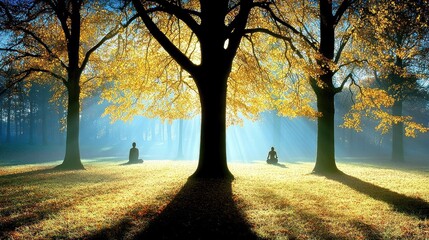 Two figures meditate beneath an autumn tree