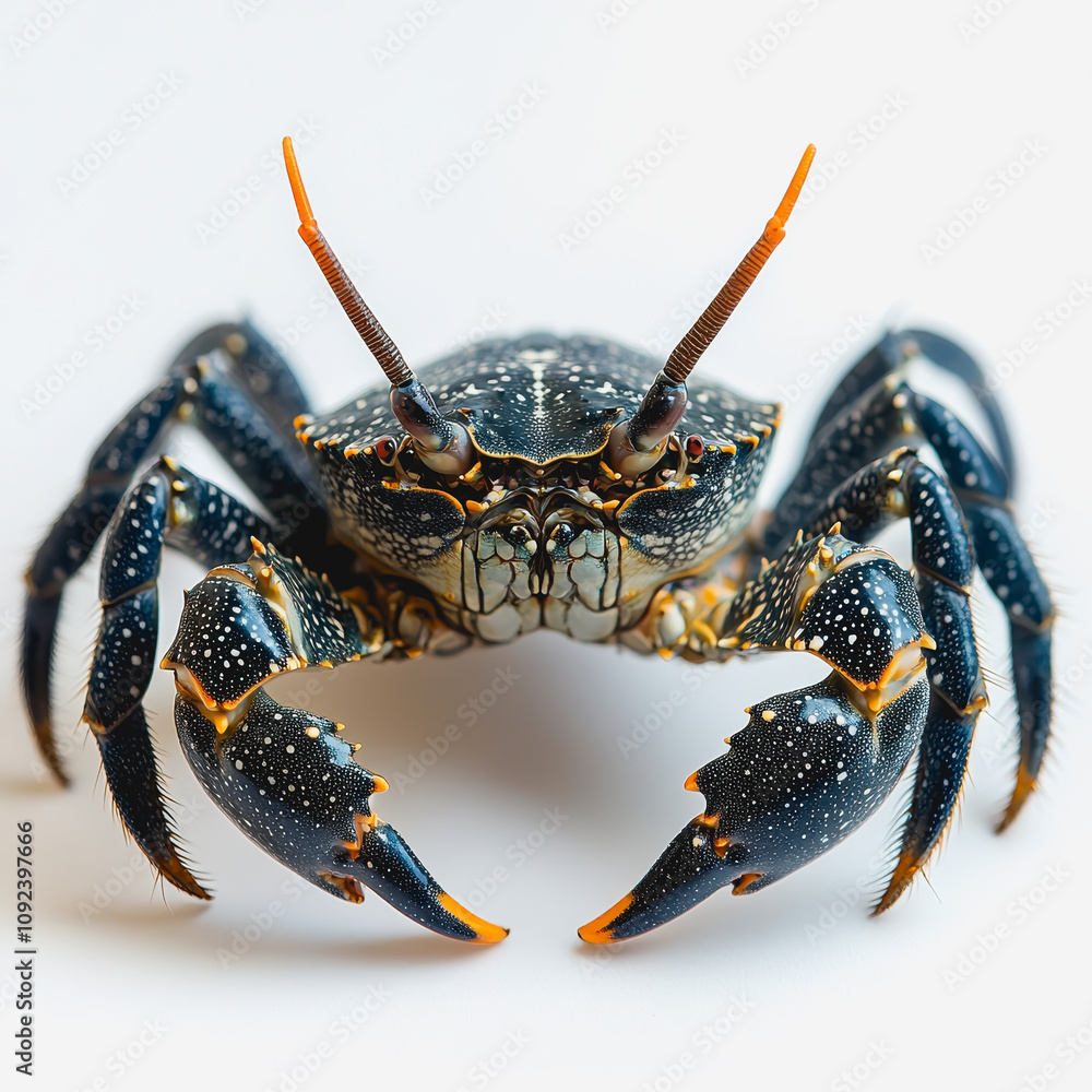 Poster close-up view of a vibrant crab with intricate patterns and features captured against a neutral back