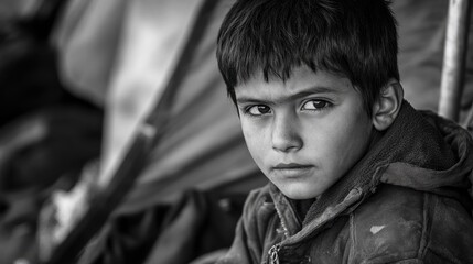 Portrait of a young boy in a tent camp reflecting the hardships of displacement and the effects of conflict on vulnerable children, captured in black and white.