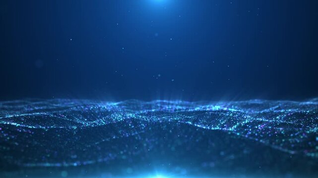 The blue particles flow in the ocean, elegant particles jump like waves, and there are some flickering lights. Ocean particle dynamic video, LED background for corporate press conference.