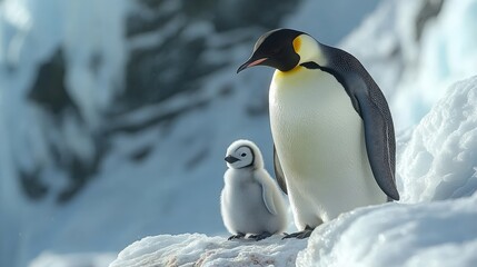 Obraz premium Majestic Emperor Penguin and Adorable Chick Standing on Ice in a Stunning Frozen Landscape with Glimmering Icebergs in the Background
