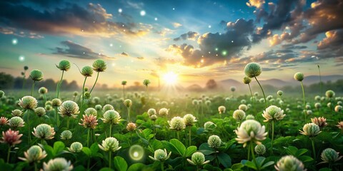 Obraz premium Enchanted Field of Clovers Under a Dreamy Sky with Floating Light Orbs, Creating a Surreal and Magical Atmosphere in Nature's Lush Green Landscape
