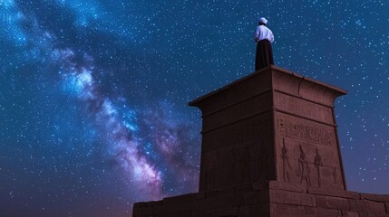 Person standing on ancient structure under a vibrant starry night sky.