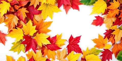 Fototapeta premium A colorful arrangement of autumn leaves in a spiral pattern, multicolor, nature landscape, spiral design