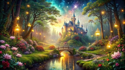 Naklejka premium Enchanted Forest Dreamscape: A Double Exposure Fairy Tale Drawing Blending Nature and Whimsy in an Ethereal Scene of Magic and Wonder