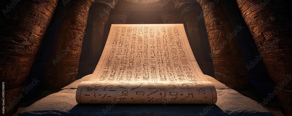 Poster ancient manuscript with intricate writing illuminated in a dark archaeological setting.