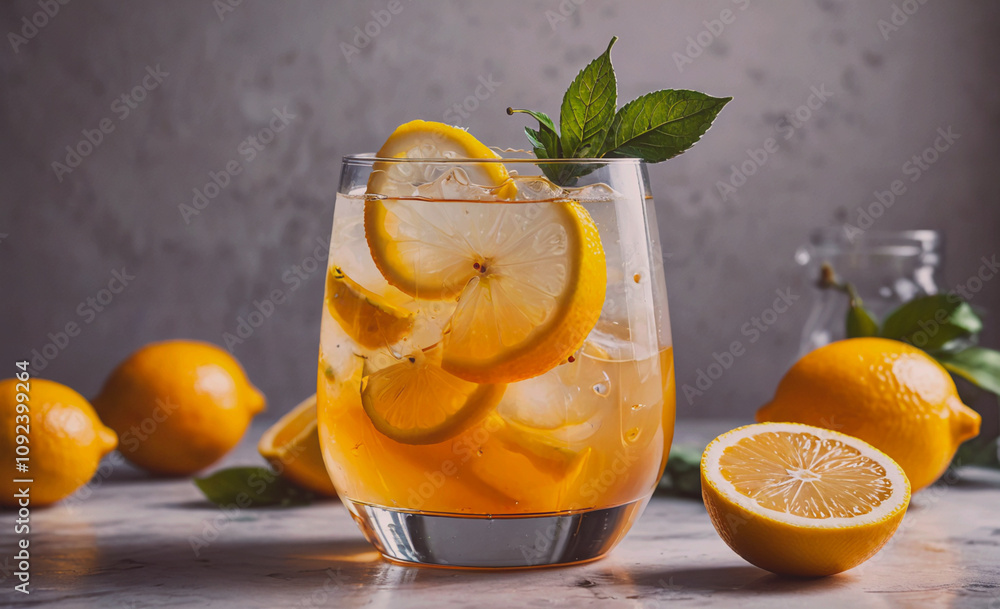 Poster Glass of lemonade with a slice of lemon on top. There are also several lemons on the table