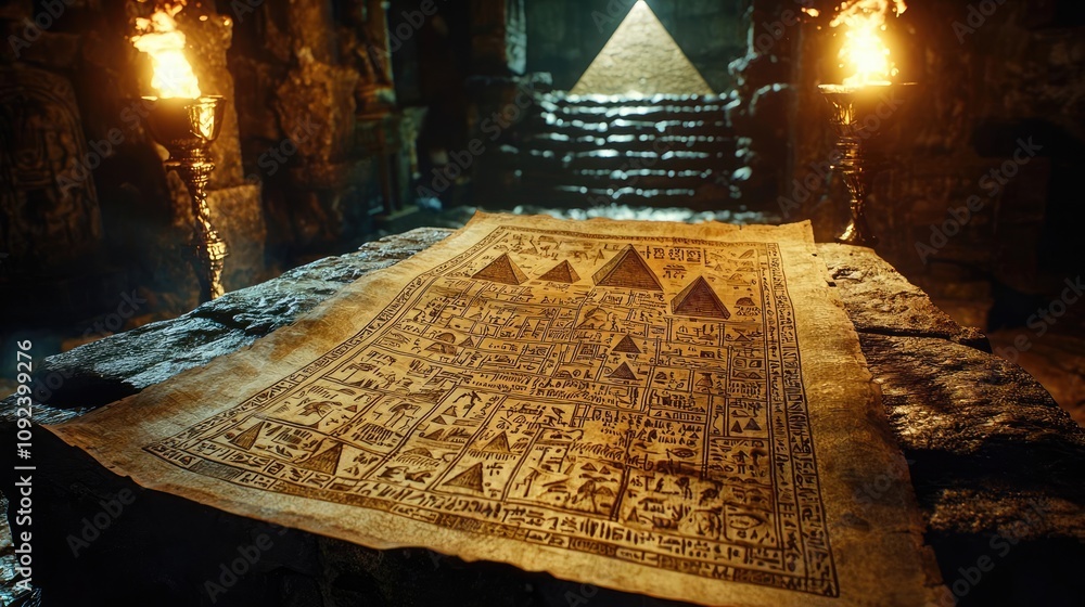 Poster ancient map depicting pyramids, illuminated in a mystical cave setting.