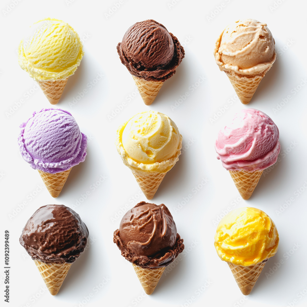 Poster colorful assortment of ice cream cones with various flavors arranged in a grid pattern for a summery