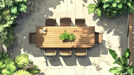 Top view of a patio dining set in icons, with a rectangular table, six chairs, and plants