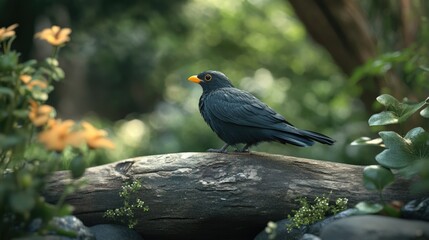 Mynah bird perched gracefully on a log surrounded by vibrant flowers and lush greenery in a serene garden setting.