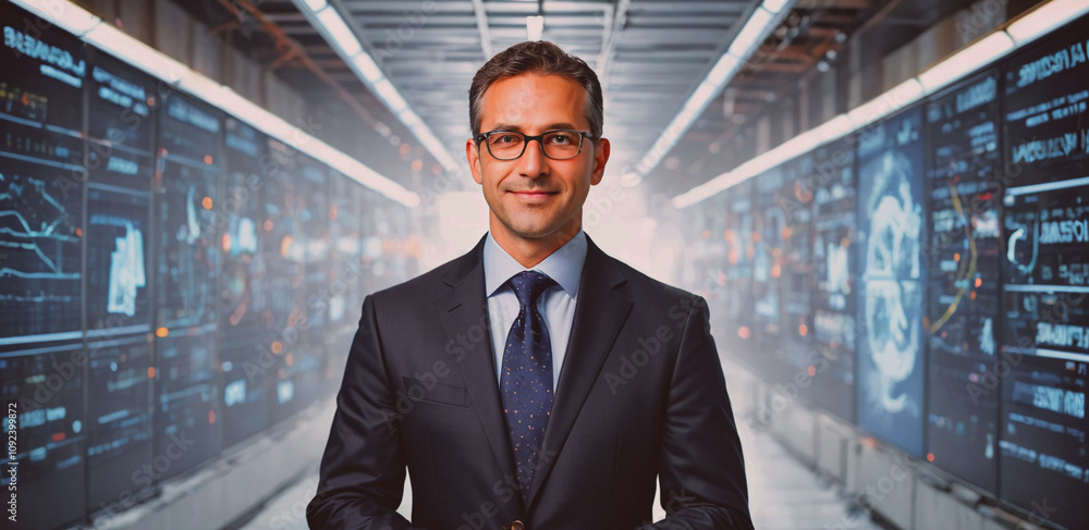 Poster Man in a suit and tie stands in front of a wall of computer monitors. He is smiling and he is a businessman