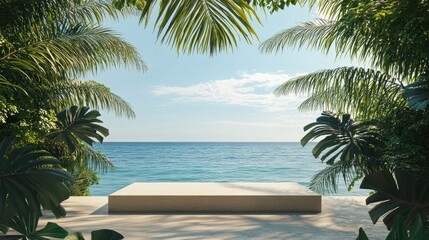 Fototapeta premium Podium nestled in lush greenery with palm leaves, overlooking a serene sea under a clear blue sky. Ideal for outdoor events or presentations.