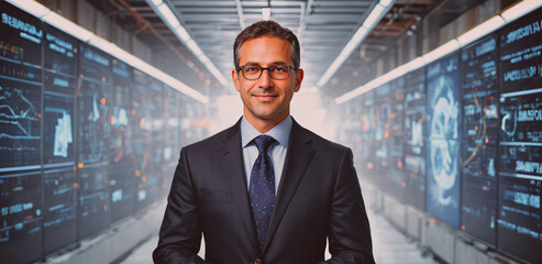 Man in a suit and tie stands in front of a wall of computer monitors. He is smiling and he is a businessman