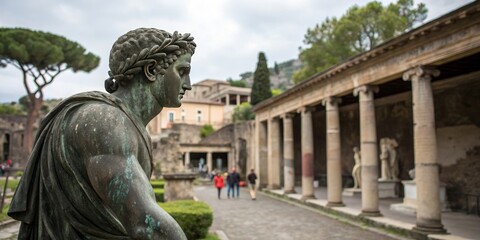 Obraz premium Bokeh Effect of Satyr Statue at Casa dei Cervi, Herculaneum, Italy - Historic Site Photography